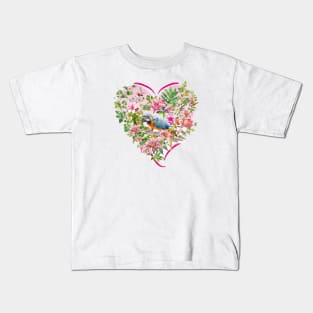 Pink Floral Heart with Blue Parrot Kids T-Shirt